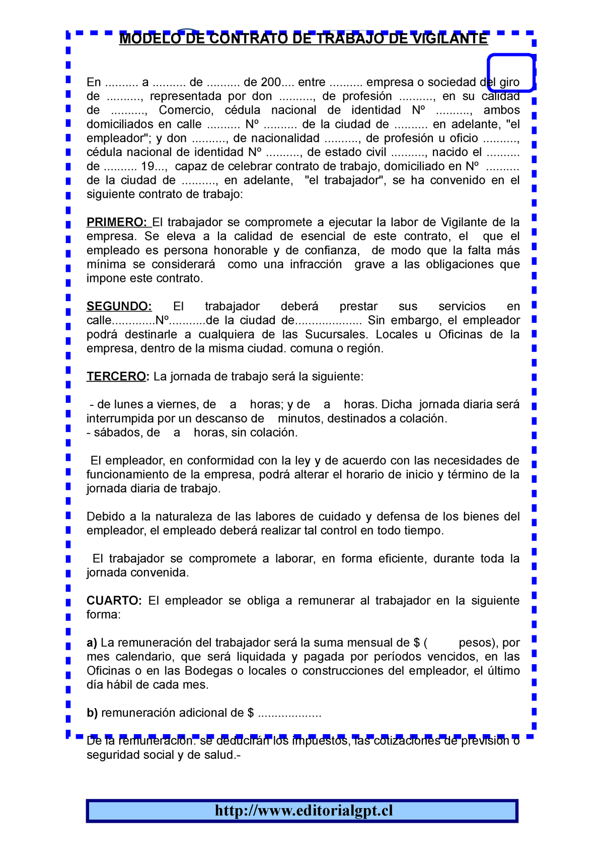 354119048 Modelo DE Contrato DE Trabajo DE Vigilante doc - MODELO DE  CONTRATO DE TRABAJO DE - Studocu