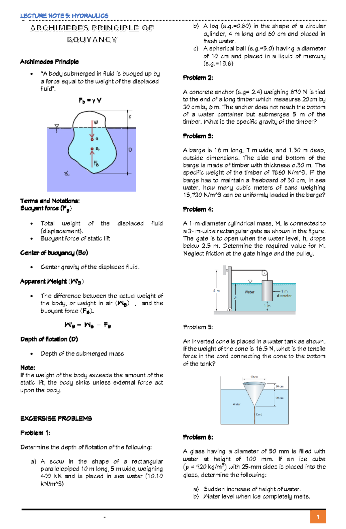 Hydraulics Lecture Notes 5 Archimedes Principle of Bouyancy LECTURE