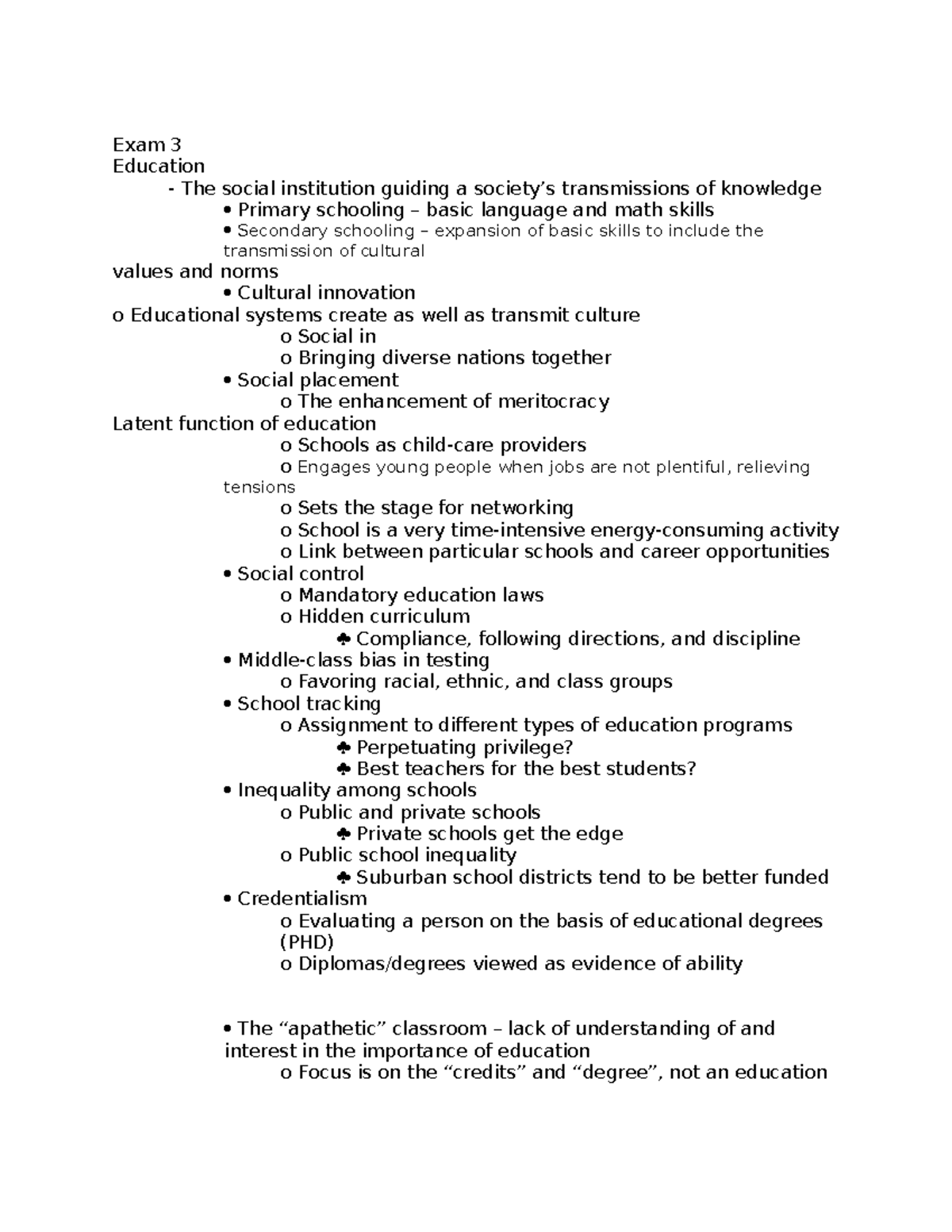 Soc Exam 3 - Lecture notes final exam - Exam 3 Education - The social ...