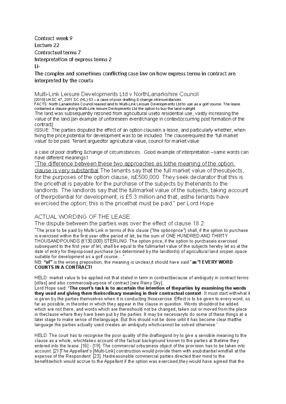 Contract week 9 - Lecture notes - Contract week 9 Lecture 22 ...