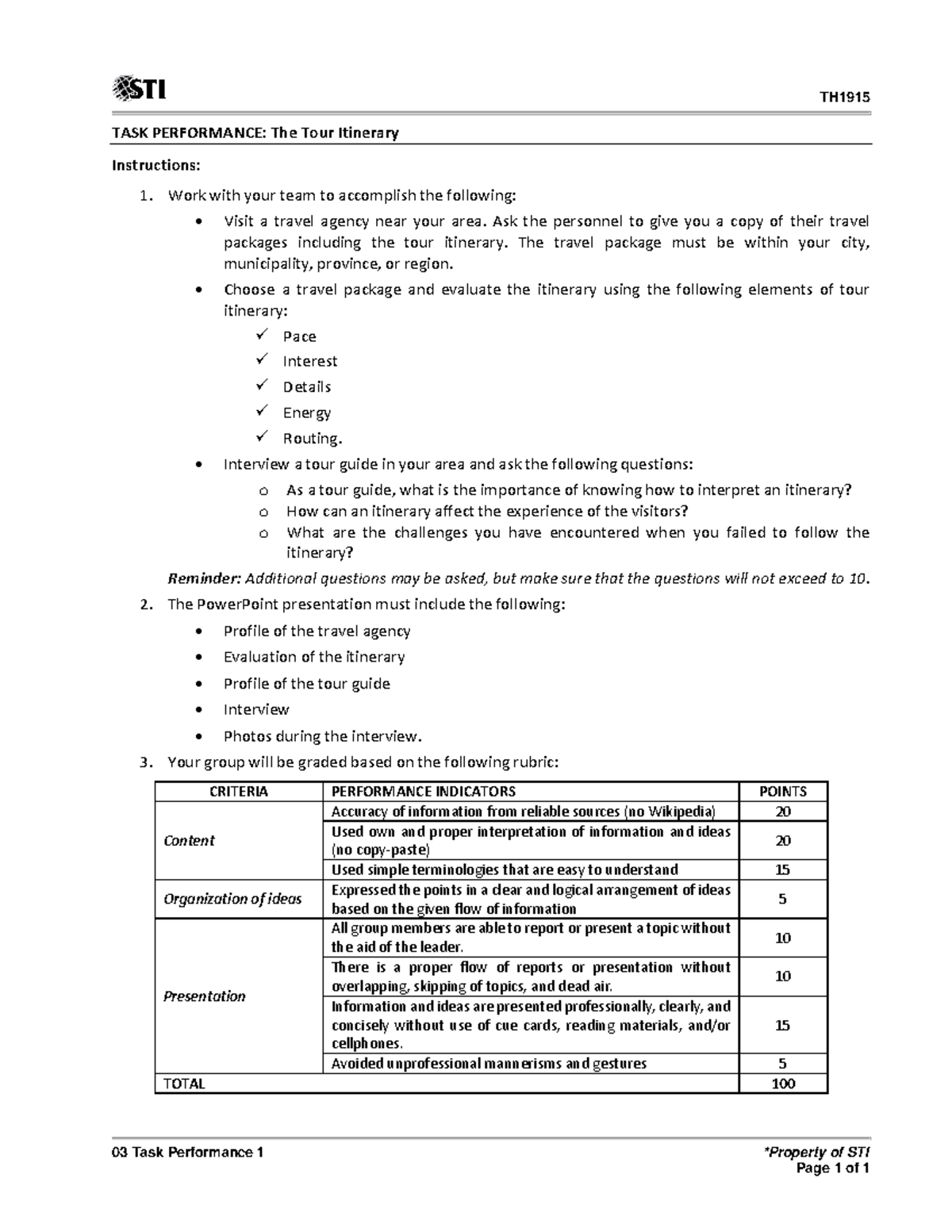 03 Task Performance 1 - TH 03 Task Performance 1 *Property of STI Page ...