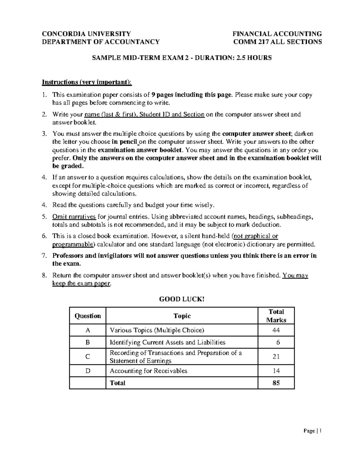 Midterm Sample Exam - CONCORDIA UNIVERSITY FINANCIAL ACCOUNTING ...