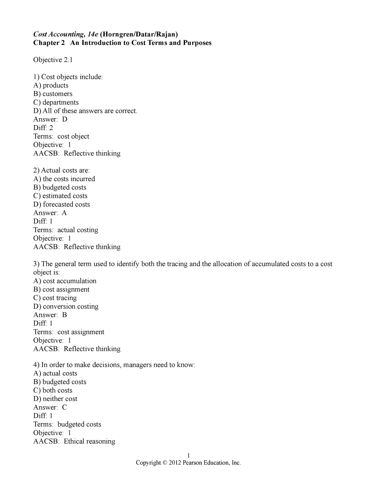 CH (2) TB - Cost Test Bank - Cost Accounting, 14e (Horngren/Datar/Rajan ...