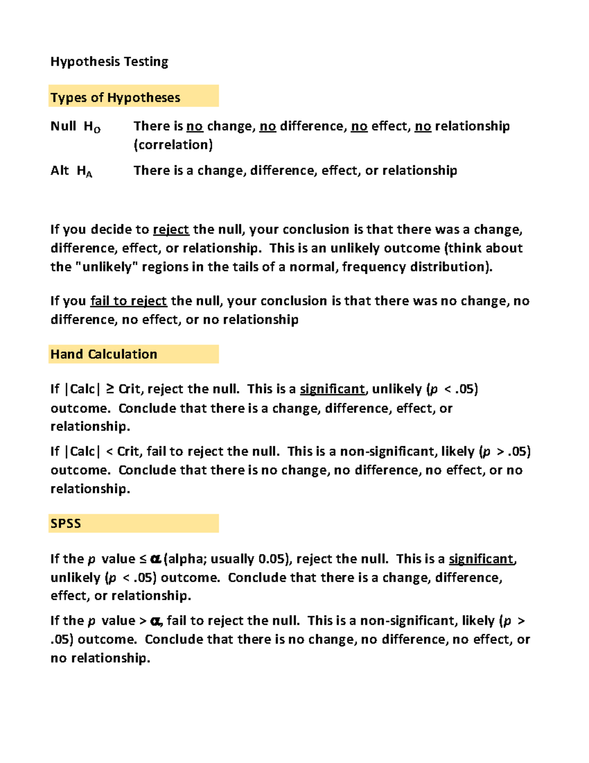 Hypothesis Testing Logic Sheet - Hypothesis Testing Types of Hypotheses ...