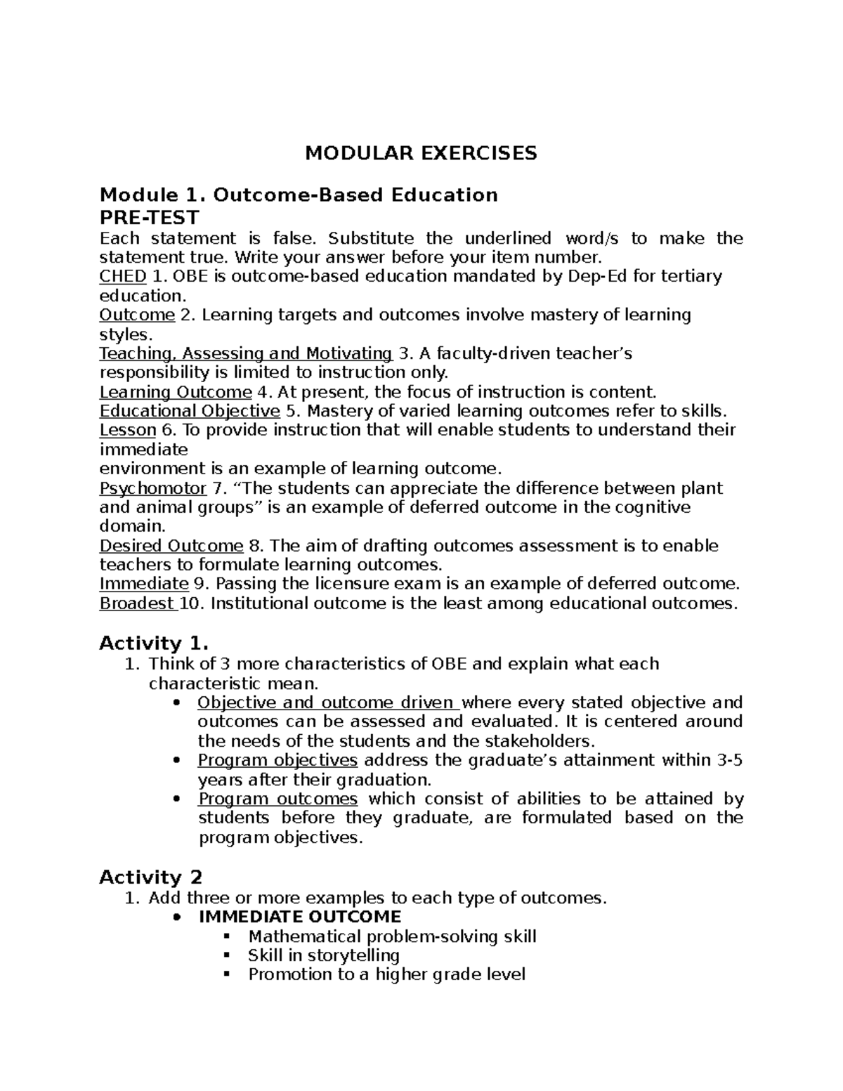 Assessment OF Student Learning - MODULAR EXERCISES Module 1. Outcome ...