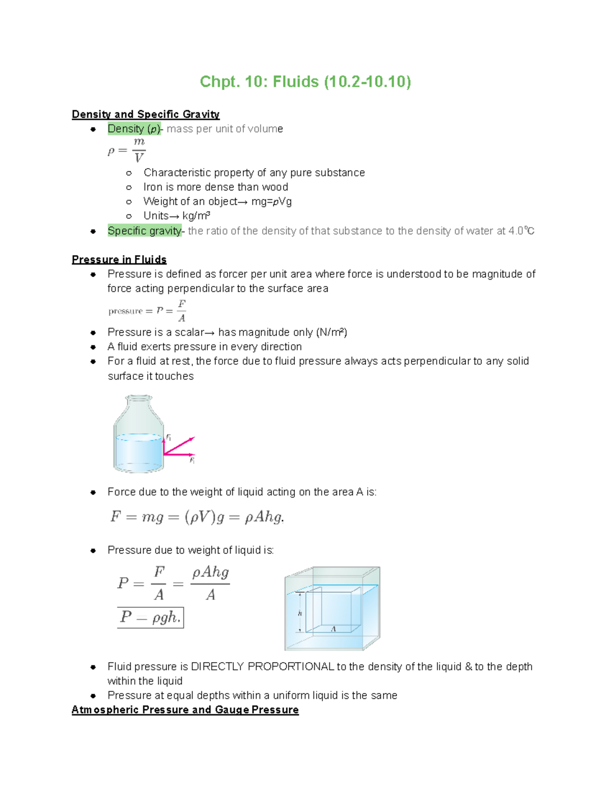 10 notes - Chpt. 10: Fluids (10.2-10) Density and Specific Gravity ...