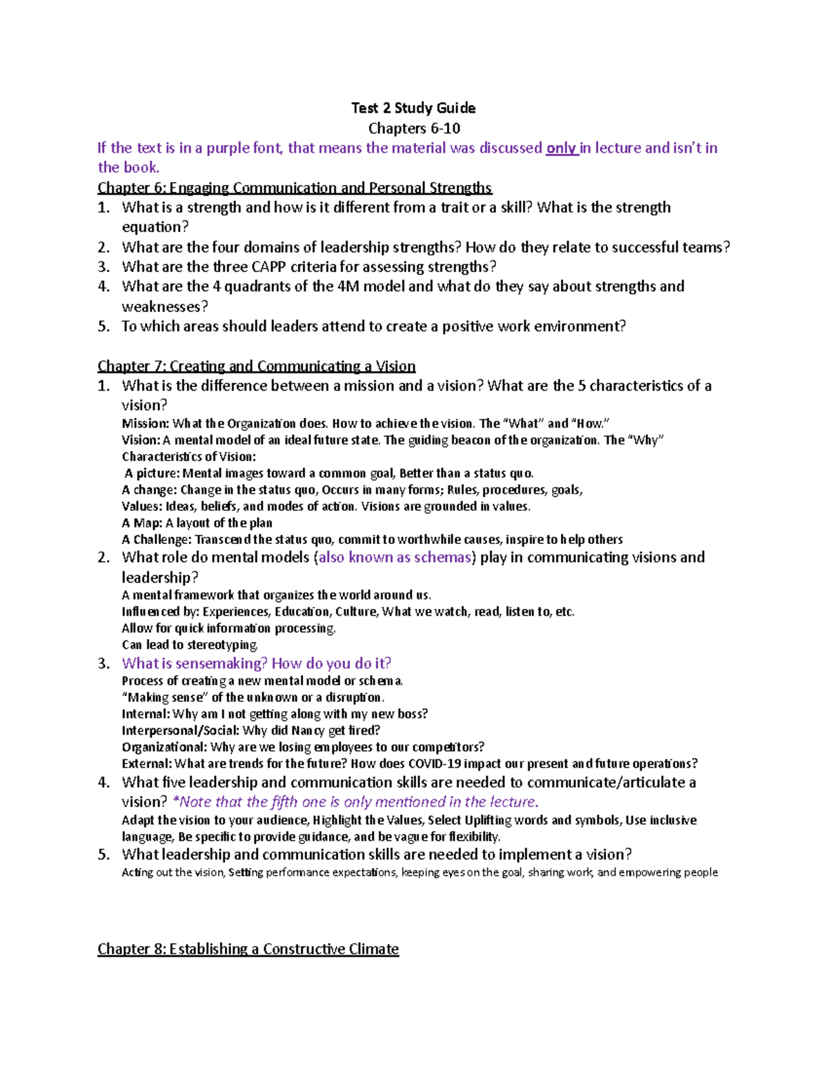 Test 2 Study Guide For Students - Test 2 Study Guide Chapters 6- If the ...