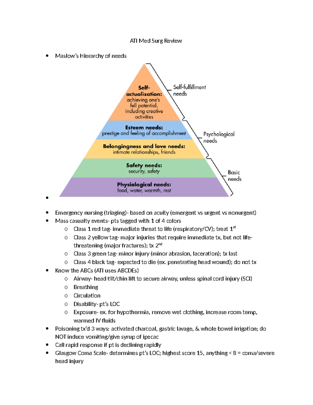 ATI Med Surge Review 3 - ATI Med Surg Review Maslow’s Hierarchy of ...