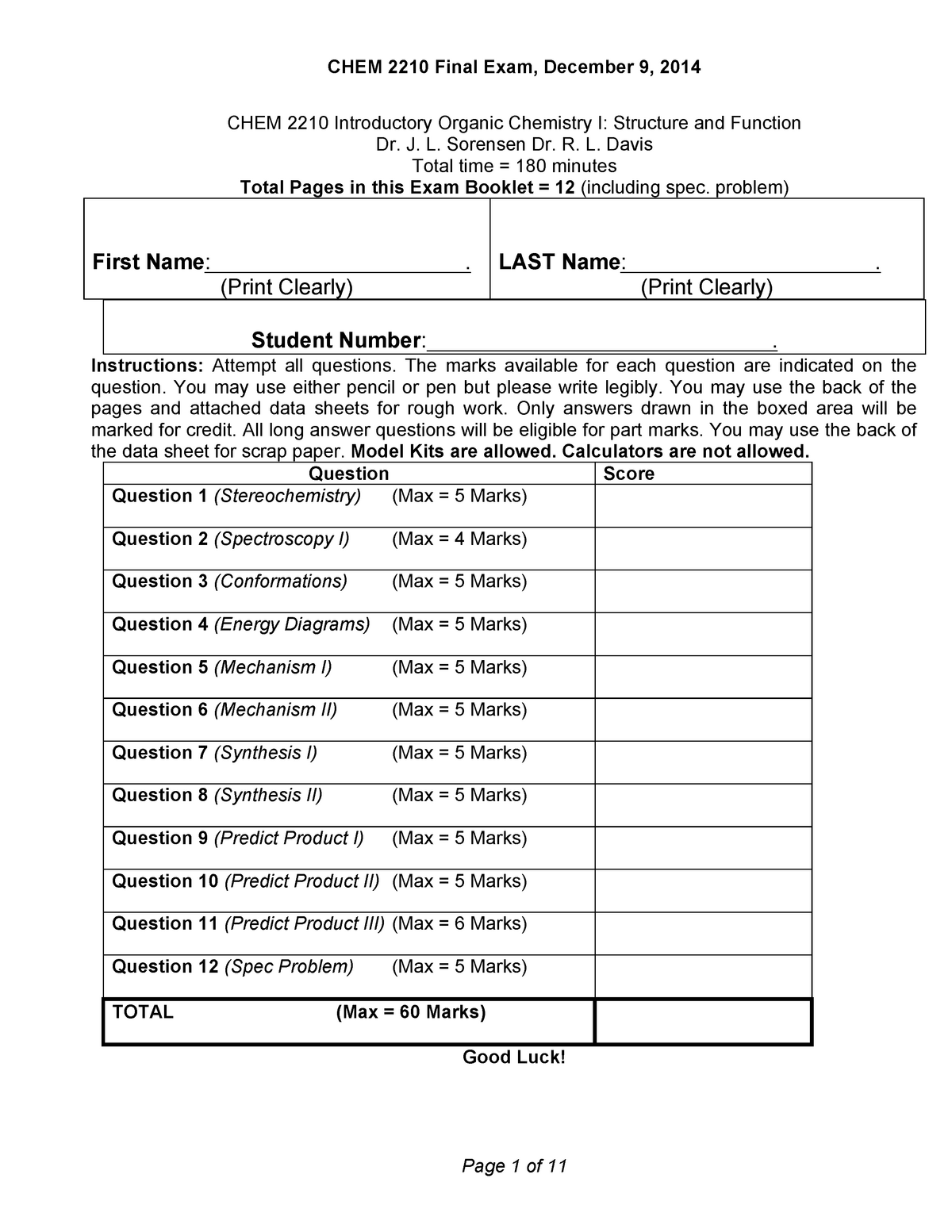 Final Exam December 2014 - CHEM 2210 - StuDocu