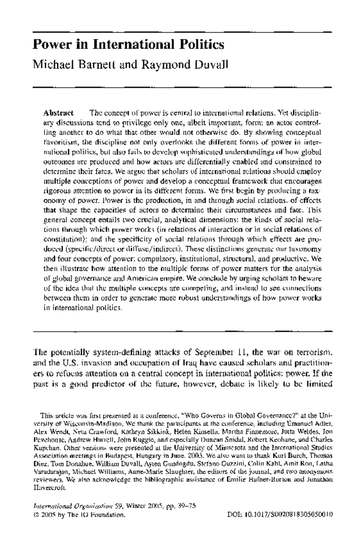 Barnett + Duvall power in int pol - Power in International Politics ...