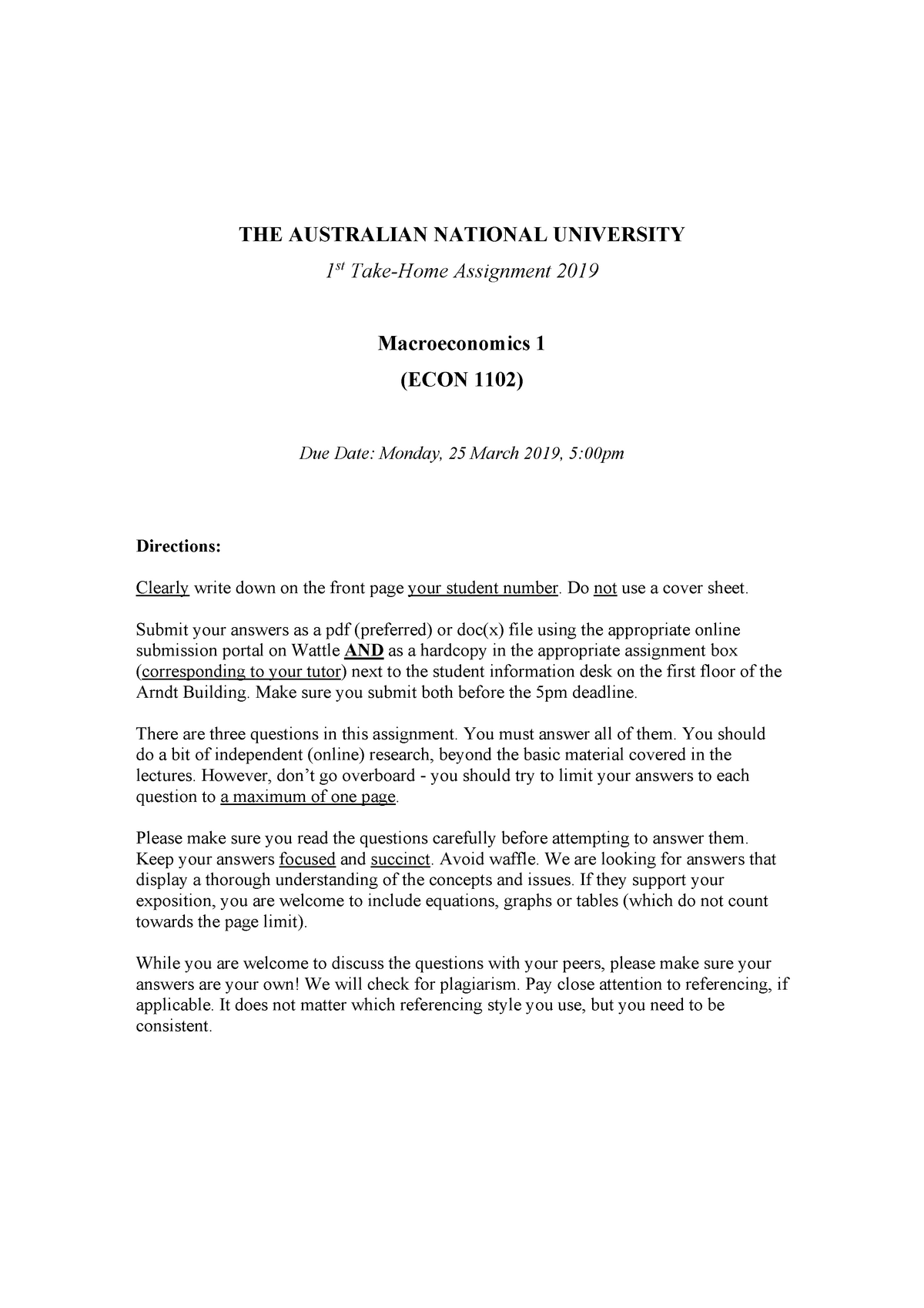 Assignment 1 ECON1102 (2019-S1) - THE AUSTRALIAN NATIONAL UNIVERSITY ...