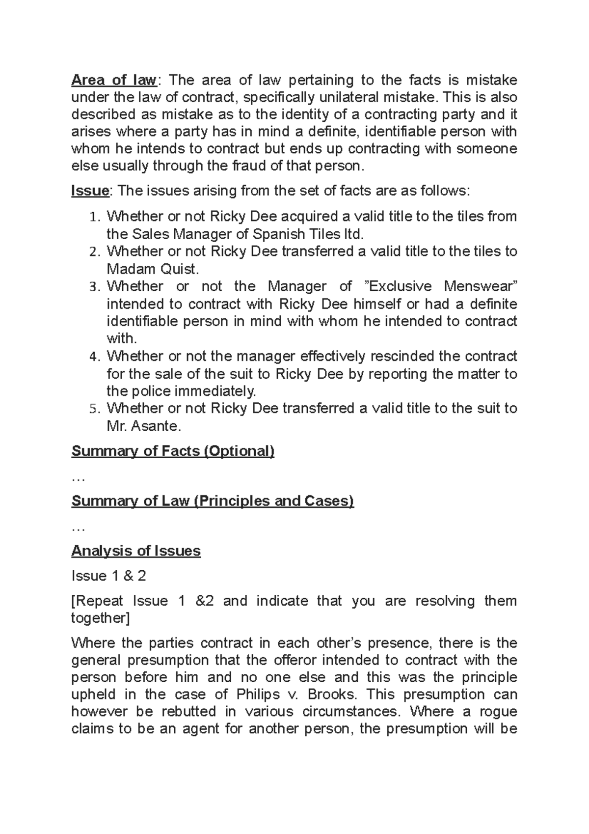 Contract Law assignment 3-CLSR - Area of law: The area of law ...
