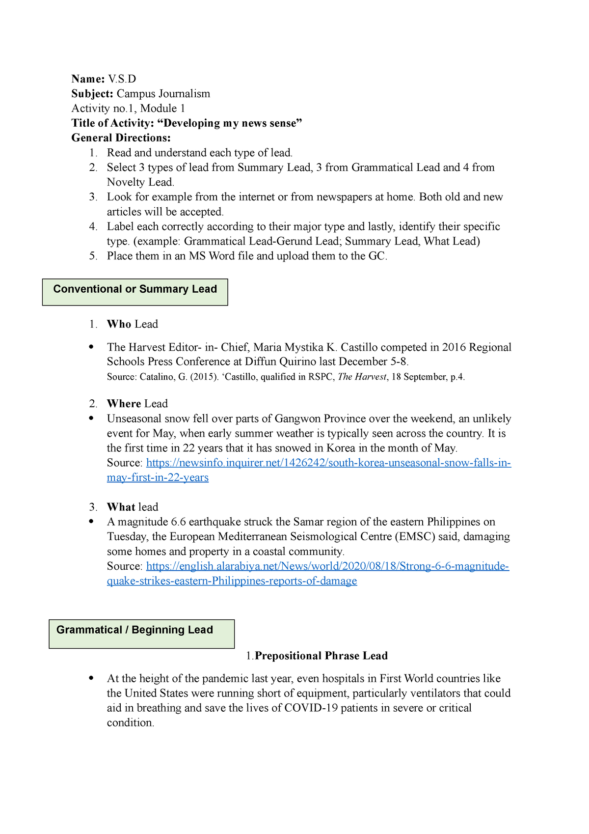  Types Of Lead In News Writing Campus Journalism Name V S Subject 