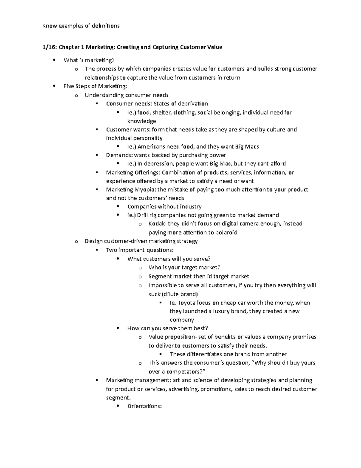 Notes - 1/16: Chapter 1 Marketing: Creating and Capturing Customer ...