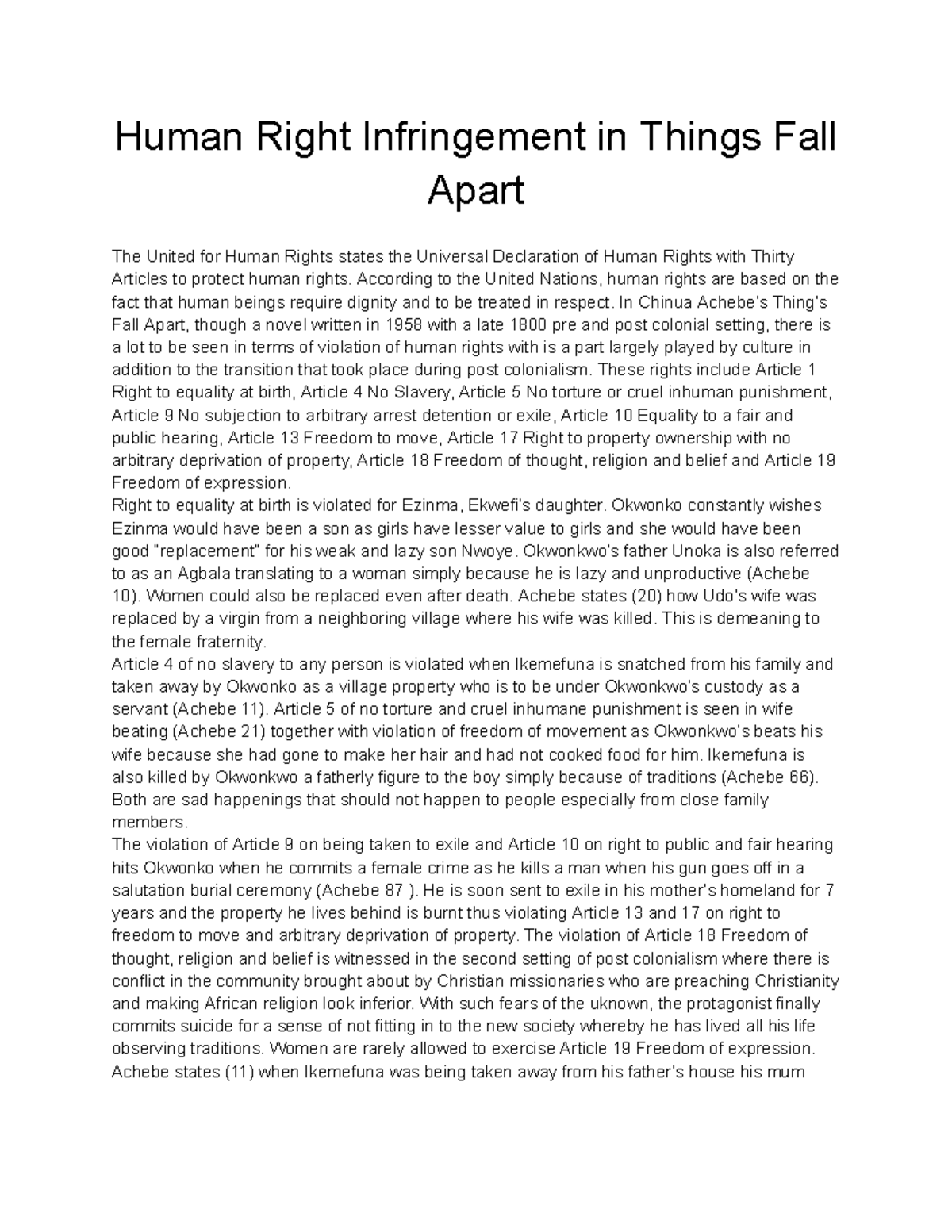 Human Right Infringement in Things Fall Apart - Human Right ...