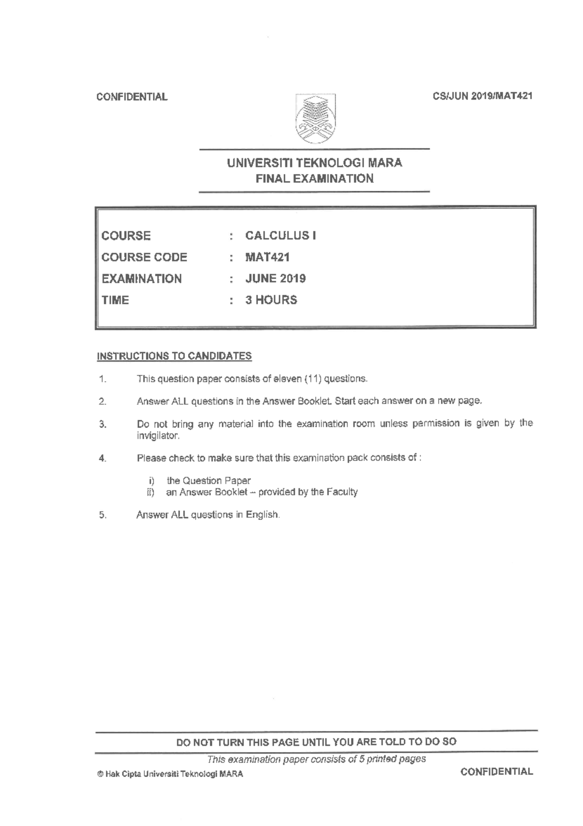 MAT421 JUNE2019 - past year - Calculus II - Studocu