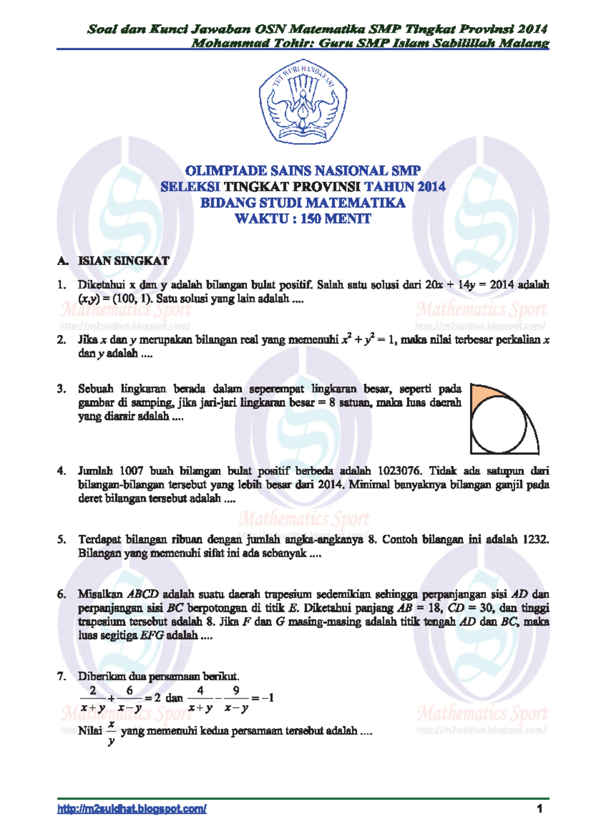 Soal Dan Kunci Jawaban OSN Matematika SMP Tingkat Provinsi - Pendidikan ...