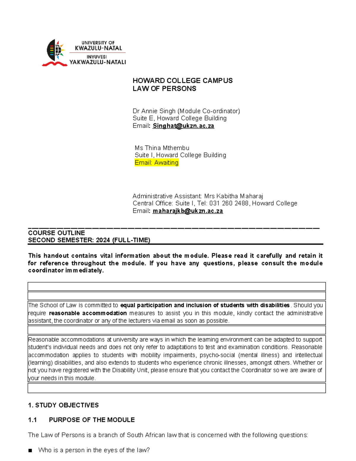 Persons Module Outline F 2024 - HOWARD COLLEGE CAMPUS LAW OF PERSONS Dr ...