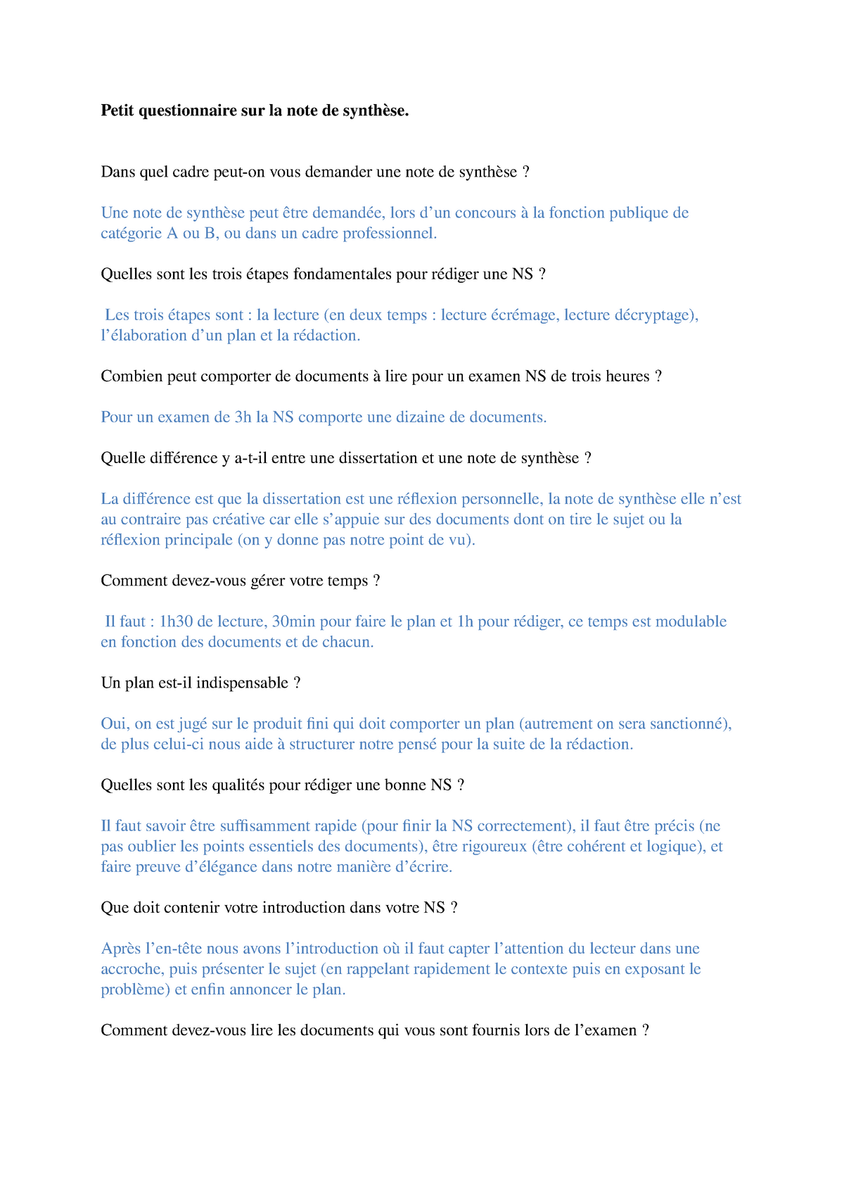Questionnaire Note De Synthese Studocu