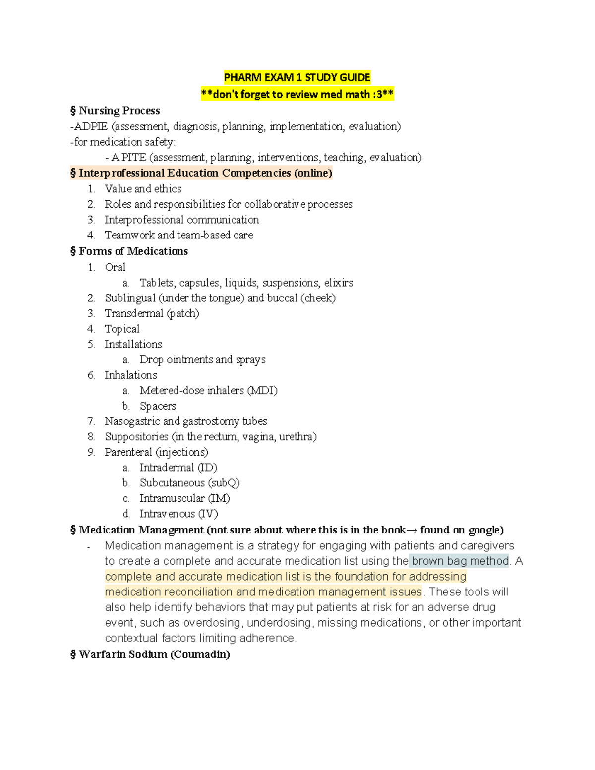 Pharm Exam 1 Study Guide - PHARM EXAM 1 STUDY GUIDE Don't Forget To ...