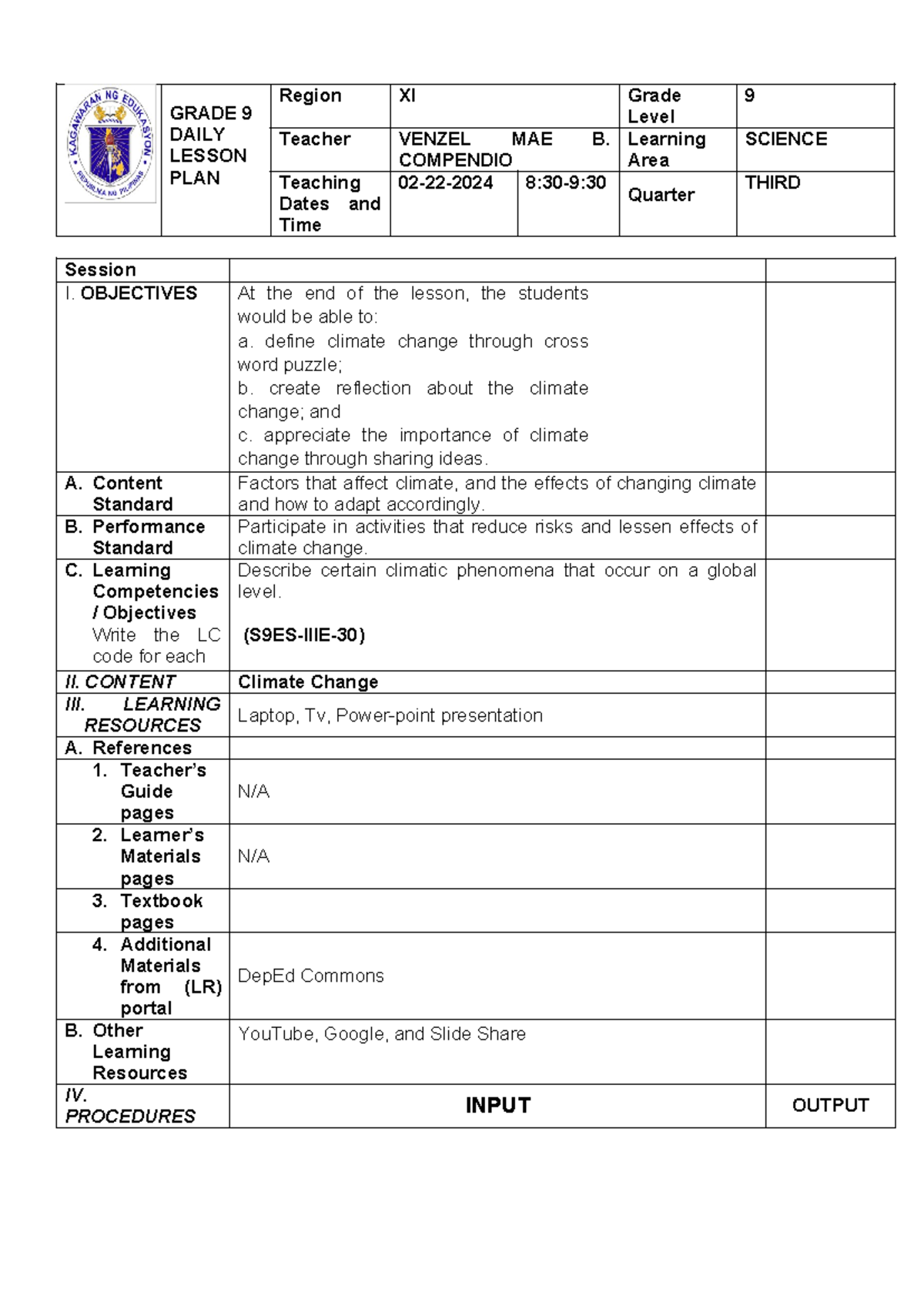 Climate Change - lp po - GRADE 9 DAILY LESSON PLAN Region XI Grade ...