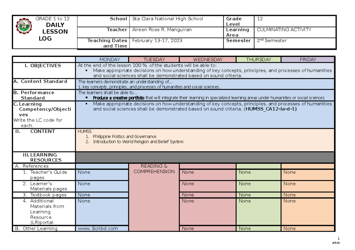 Culminating Activty DLL week 1 - GRADE 1 to 12 DAILY LESSON LOG School ...