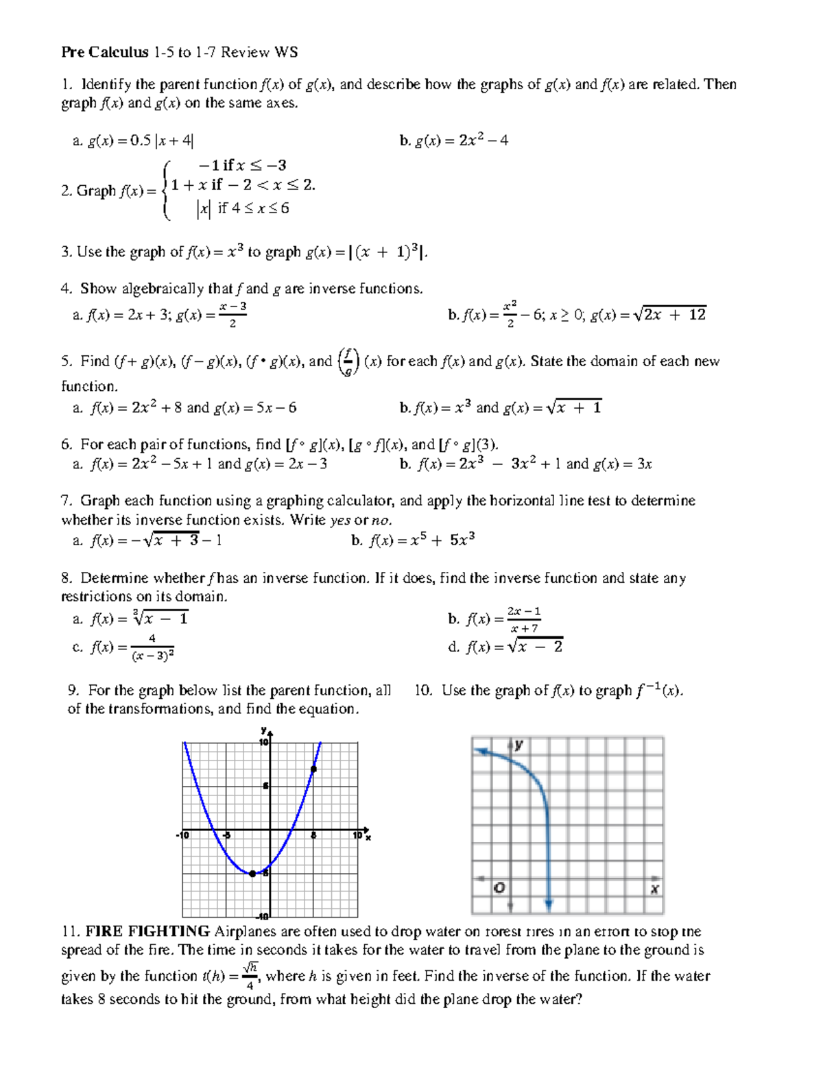 Pre Calc 1-5 to 1-7 Review WS 19 20 - Pre Calculus 1-5 to 1-7 Review WS ...