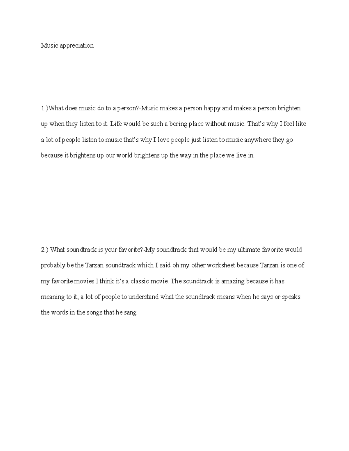 Jnipunij worksheet Music appreciation 1.)What does music do to a person?Music makes a