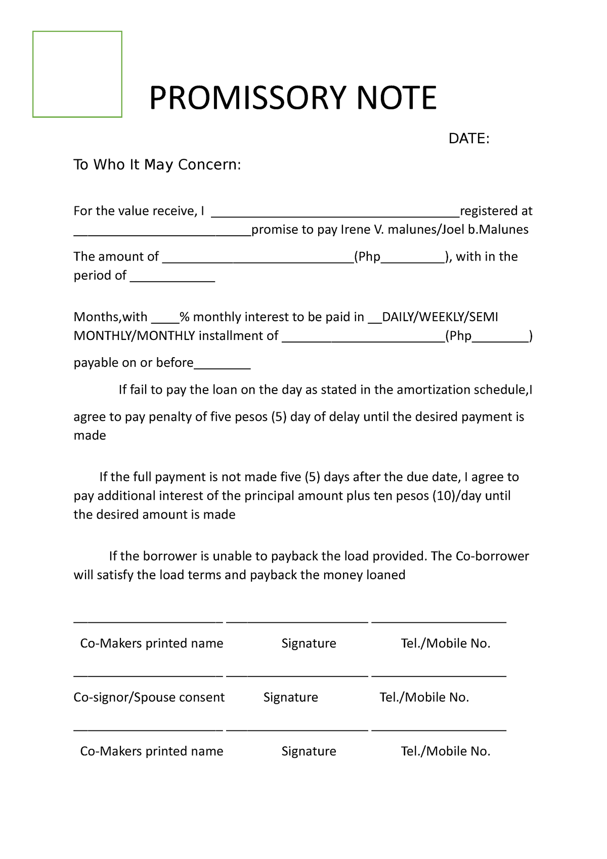 Promissory Notes - Reviewer - Promissory Note Date: To Who It May 