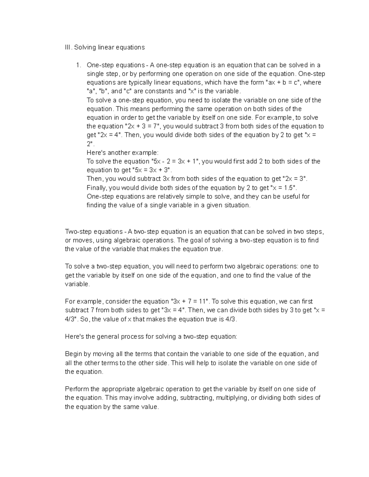 Algebra Notes Iii Solving Linear Equations One Step Equations