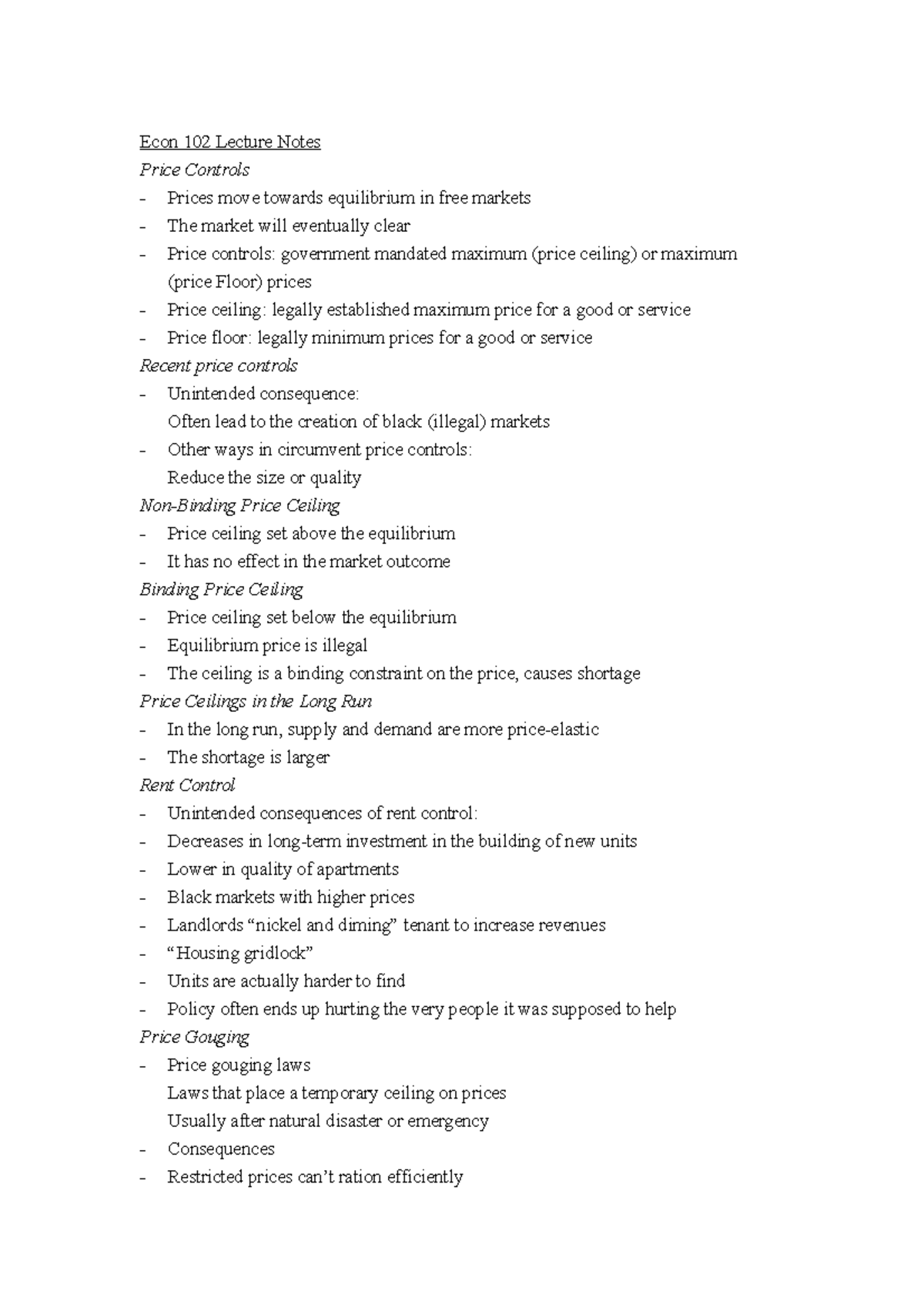 Lecture Notes Exam Period 2 - Econ 102 Lecture Notes Price Controls ...