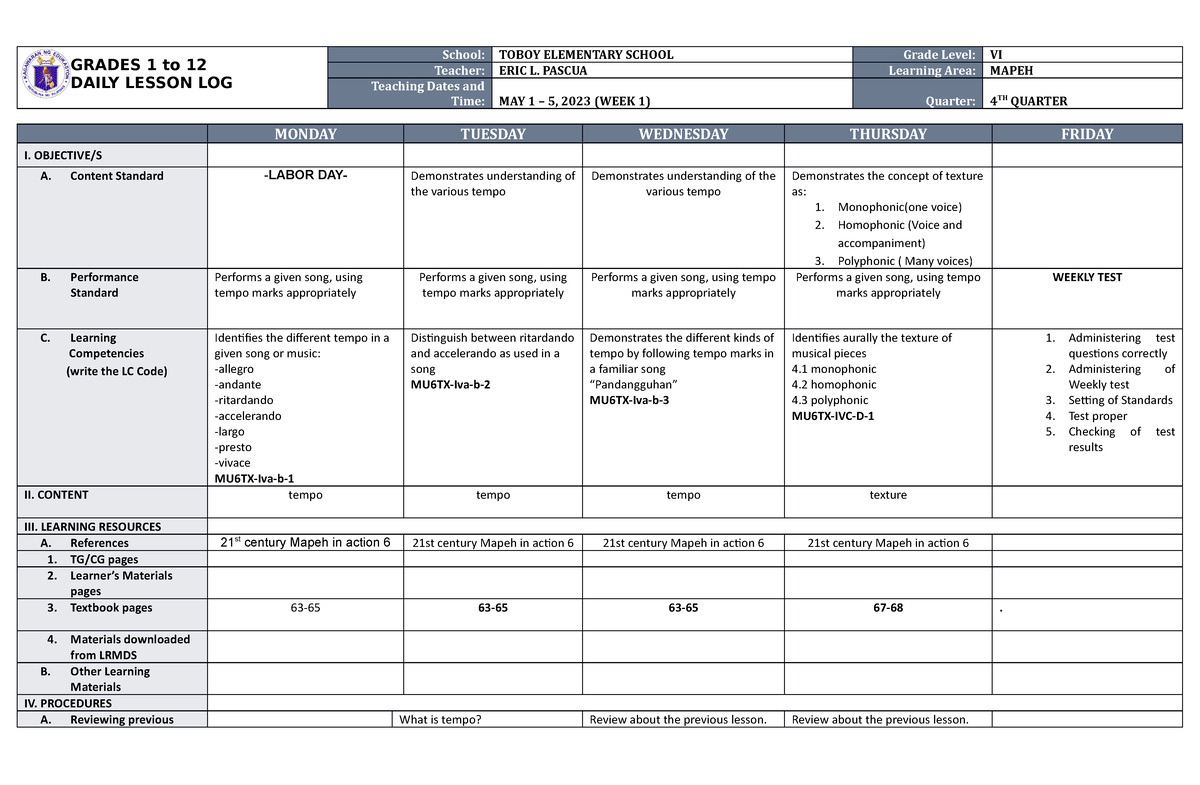 DLL Mapeh 6 Q4 W1 - Dll - GRADES 1 To 12 DAILY LESSON LOG School: TOBOY ...