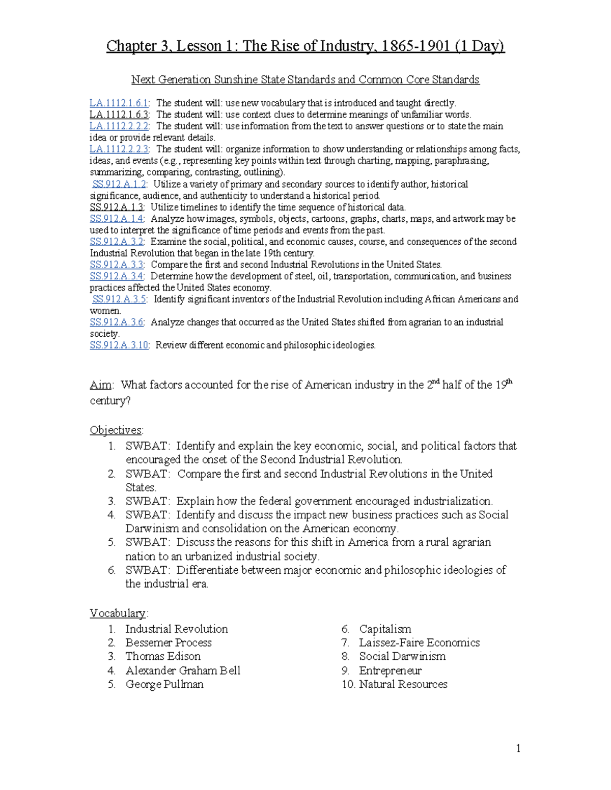 Chapter 3.1 LP- Rise of Industry - Chapter 3, Lesson 1: The Rise of ...