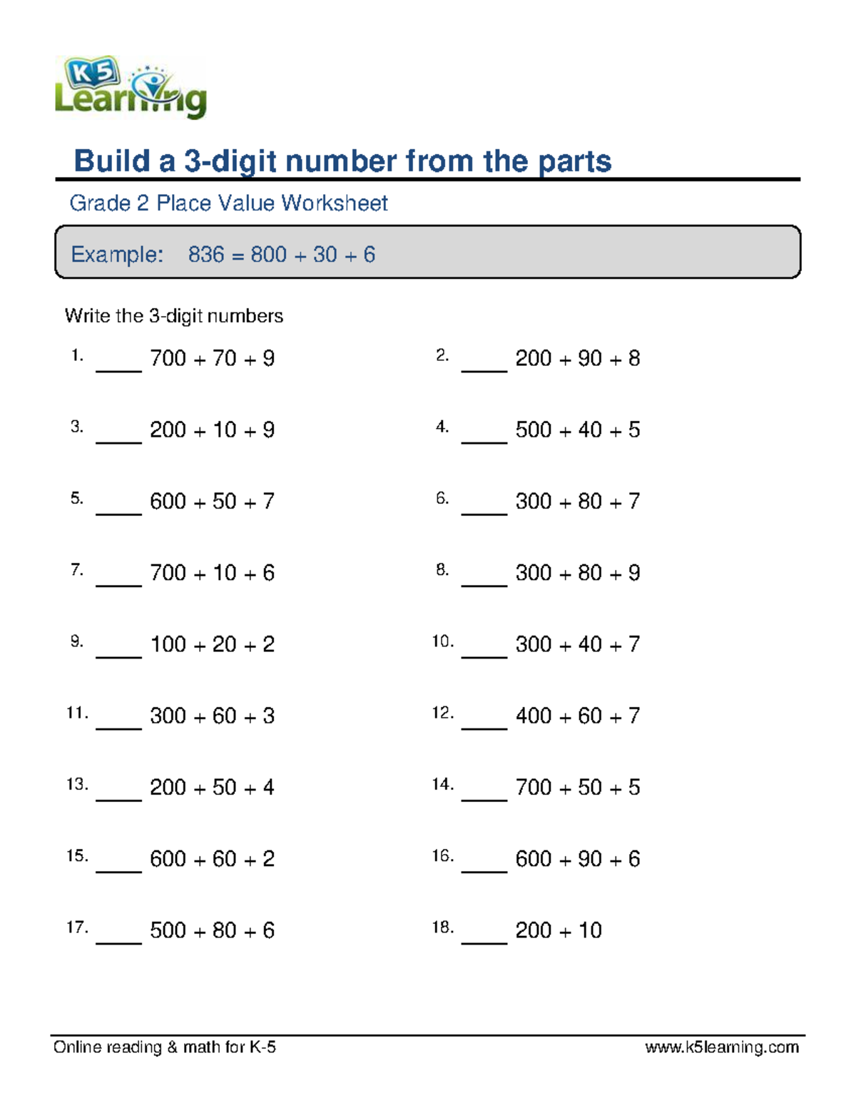 Grade 2 3 digit number from parts a Online reading & math for K5 k5learning Build a 3digit