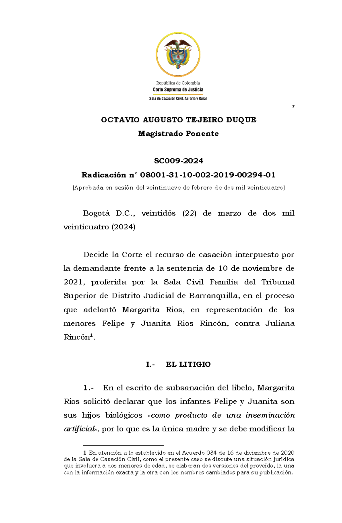 SC009-2024 Sentencia 22 DE Marzo DE 2024 - F OCTAVIO AUGUSTO TEJEIRO
