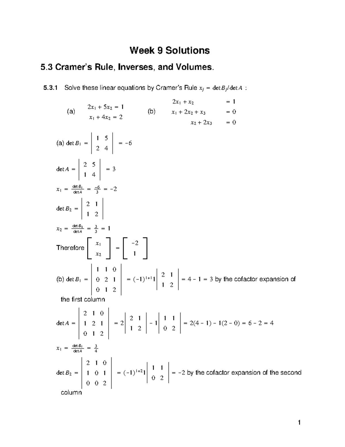 Week9Practice Problems Solutions Week 9 Solutions 5 Cramer’s Rule