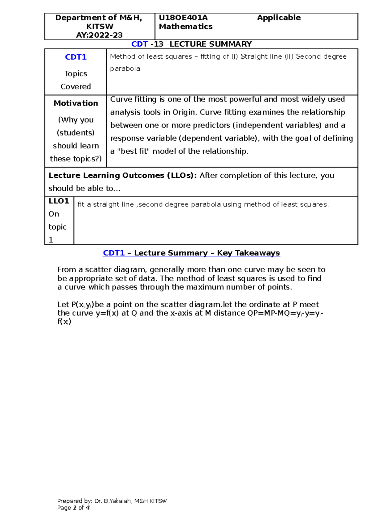 CDT13Curve Fitting Lecture notes KITSW AY2022 Mathematics CDT