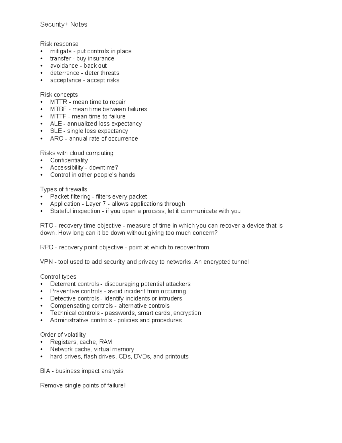 Security+ Notes - Risk response mitigate - put controls in place ...