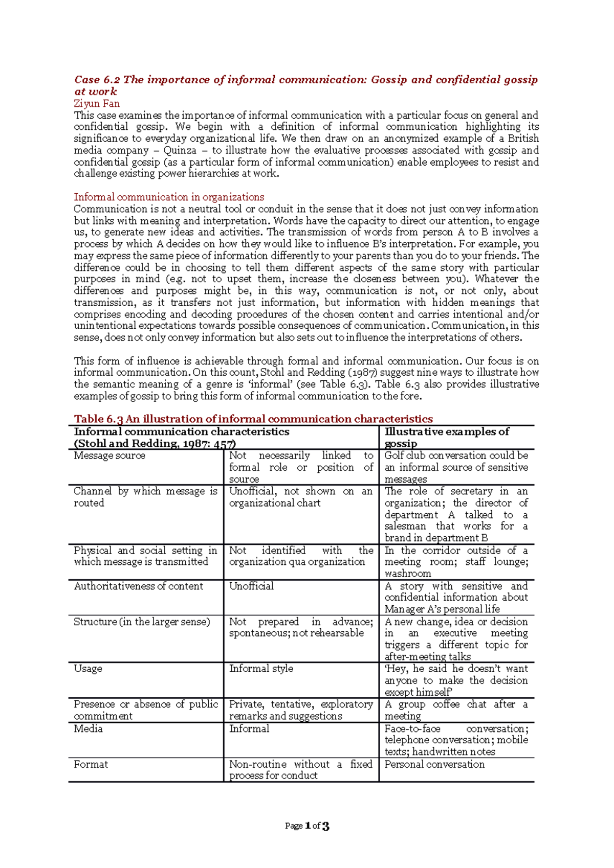 Case 6 - NOTES - Case 6 The importance of informal communication ...