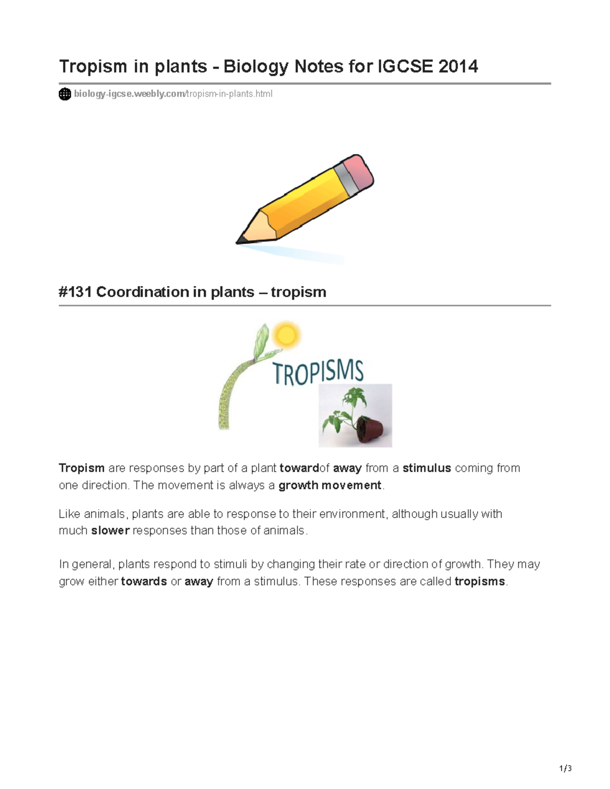 in plants Biology Notes for Igcse 2014 1/ Tropism in plants