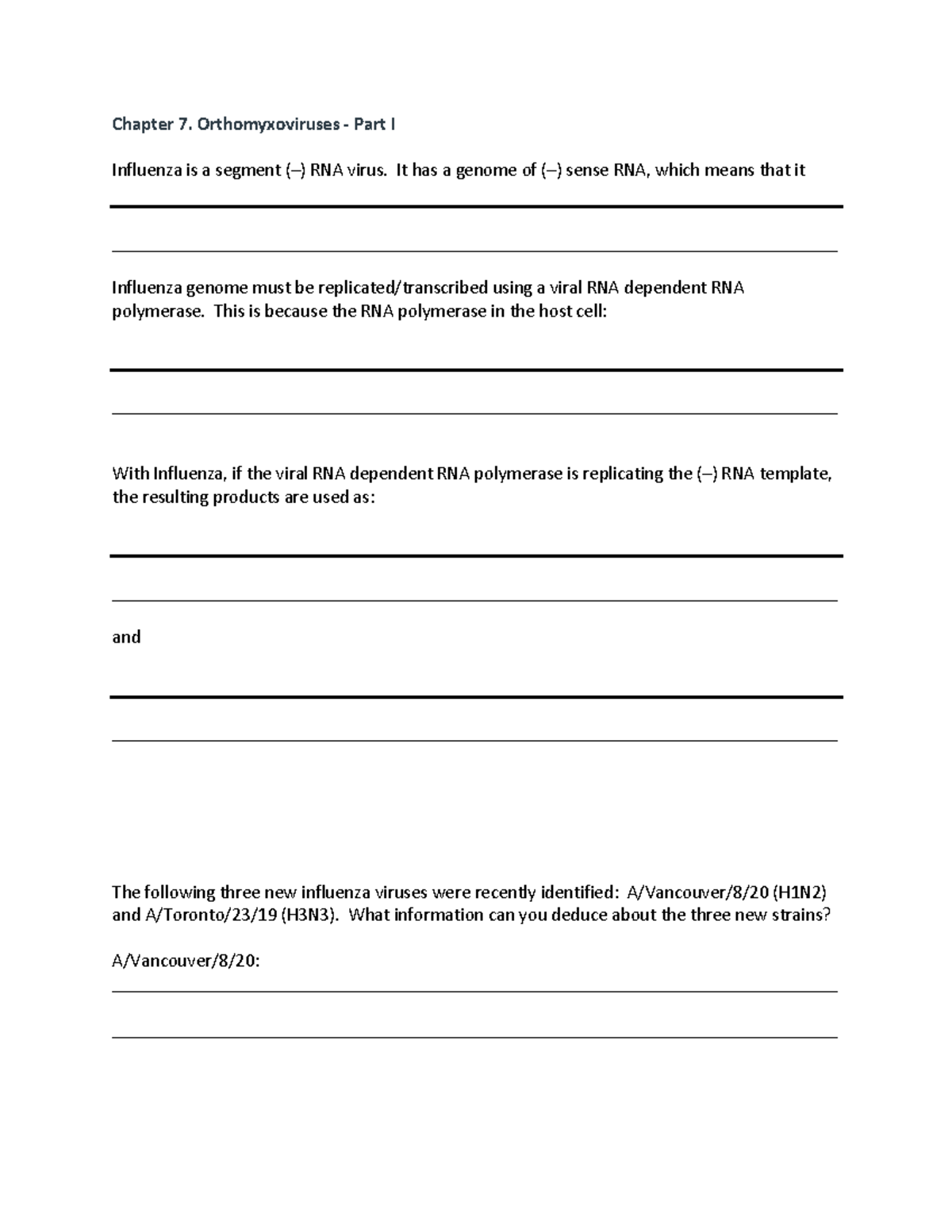 Virology Chapter 7 - Chapter 7. Orthomyxoviruses - Part I Influenza is ...