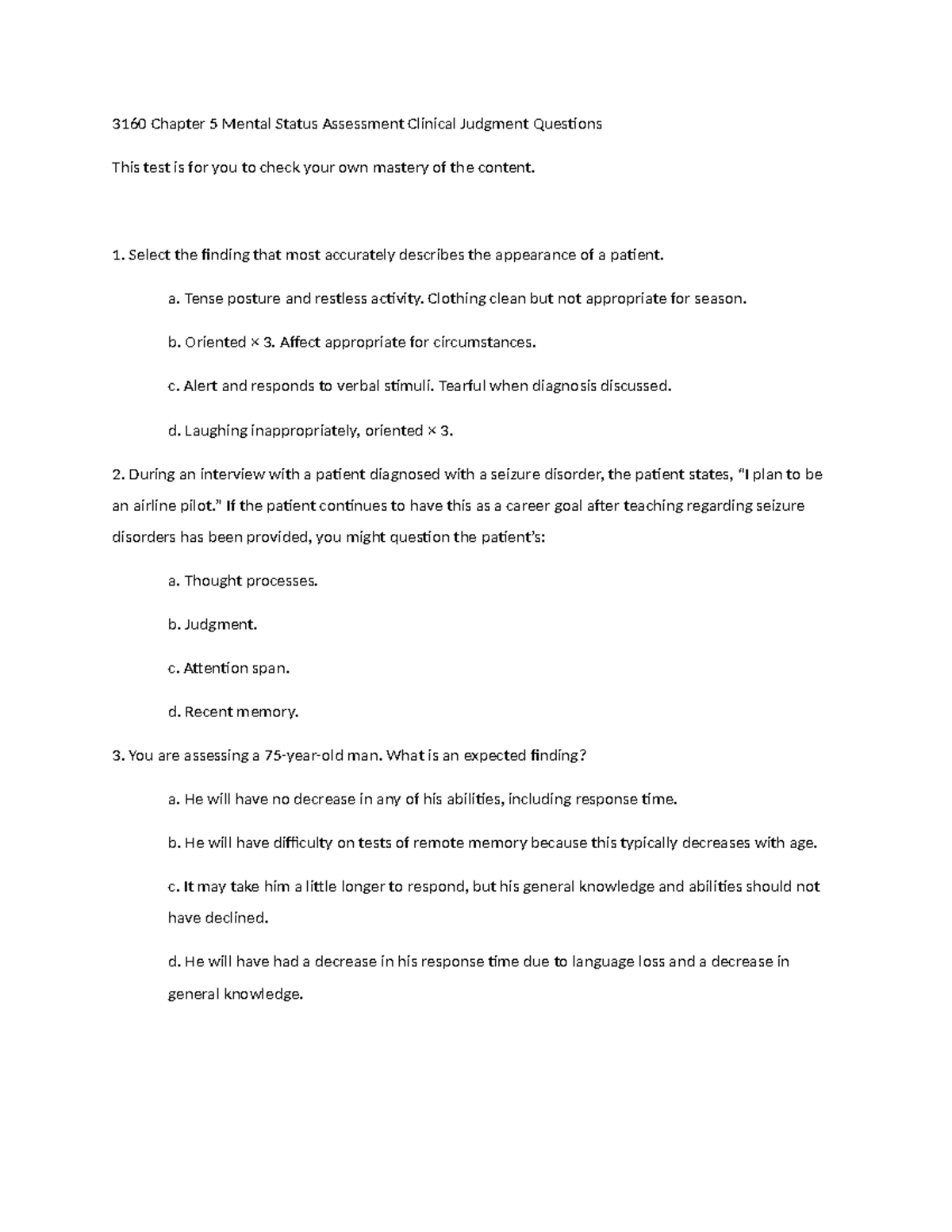 3160 Chapter 5 Mental Status Assessment Clinical Judgment Questions ...