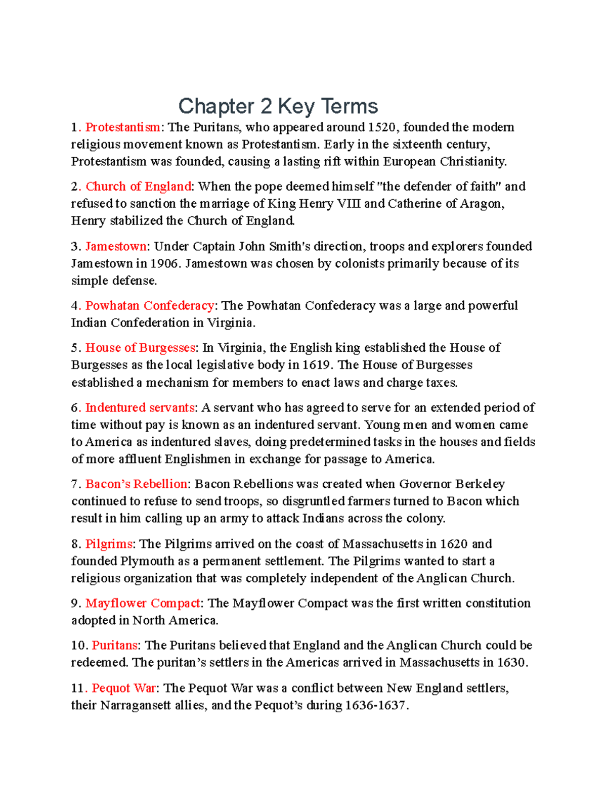 Chapter 2 Key Terms - Chapter 2 Key Terms Protestantism: The Puritans ...