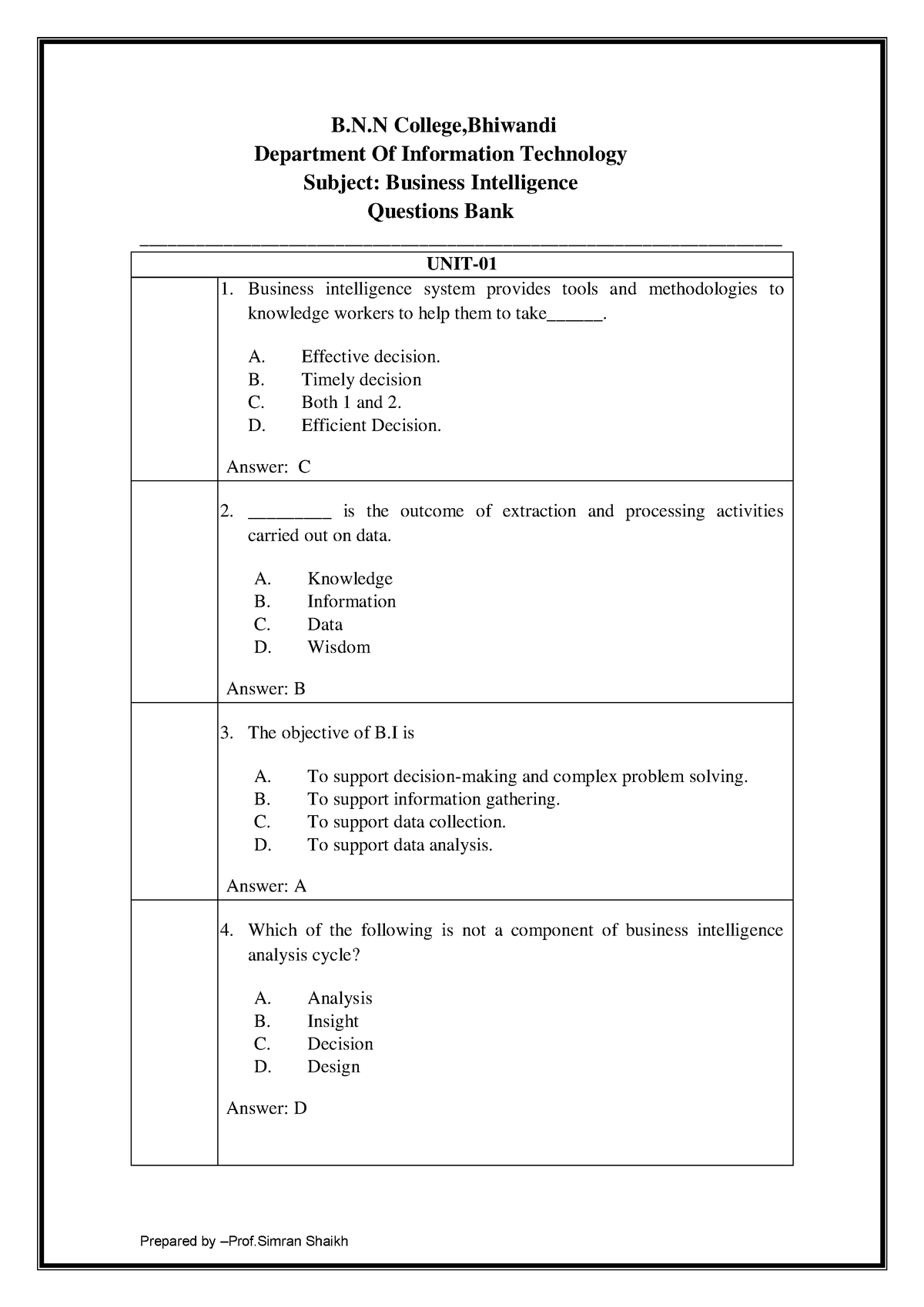 TYBSCIT SEM 6 Business Intelligence MCQ For Exam - Bsc. Information ...