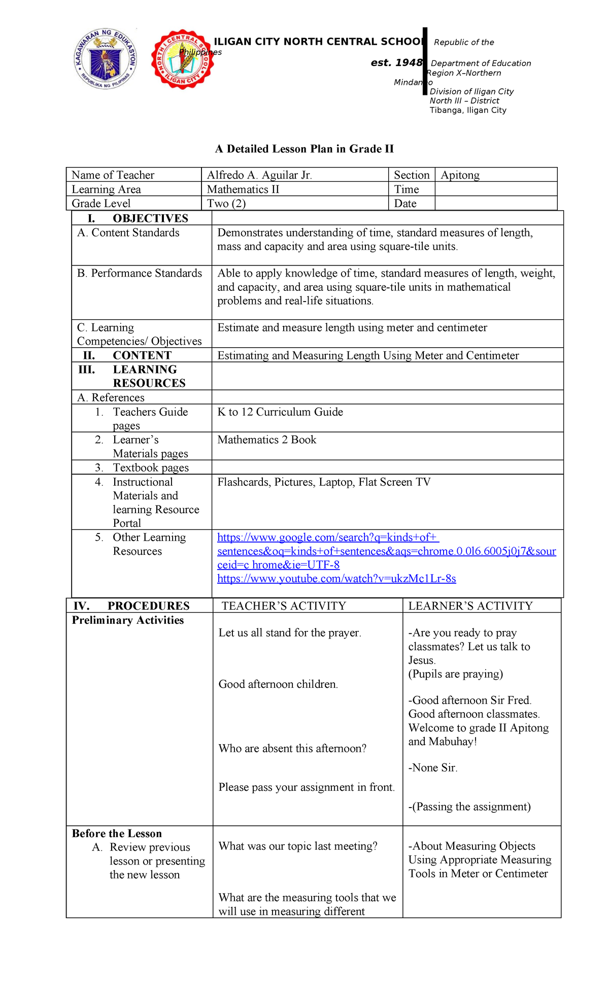 LP WITH COT Format Mathematics - Philippines est. 1948 Department of ...
