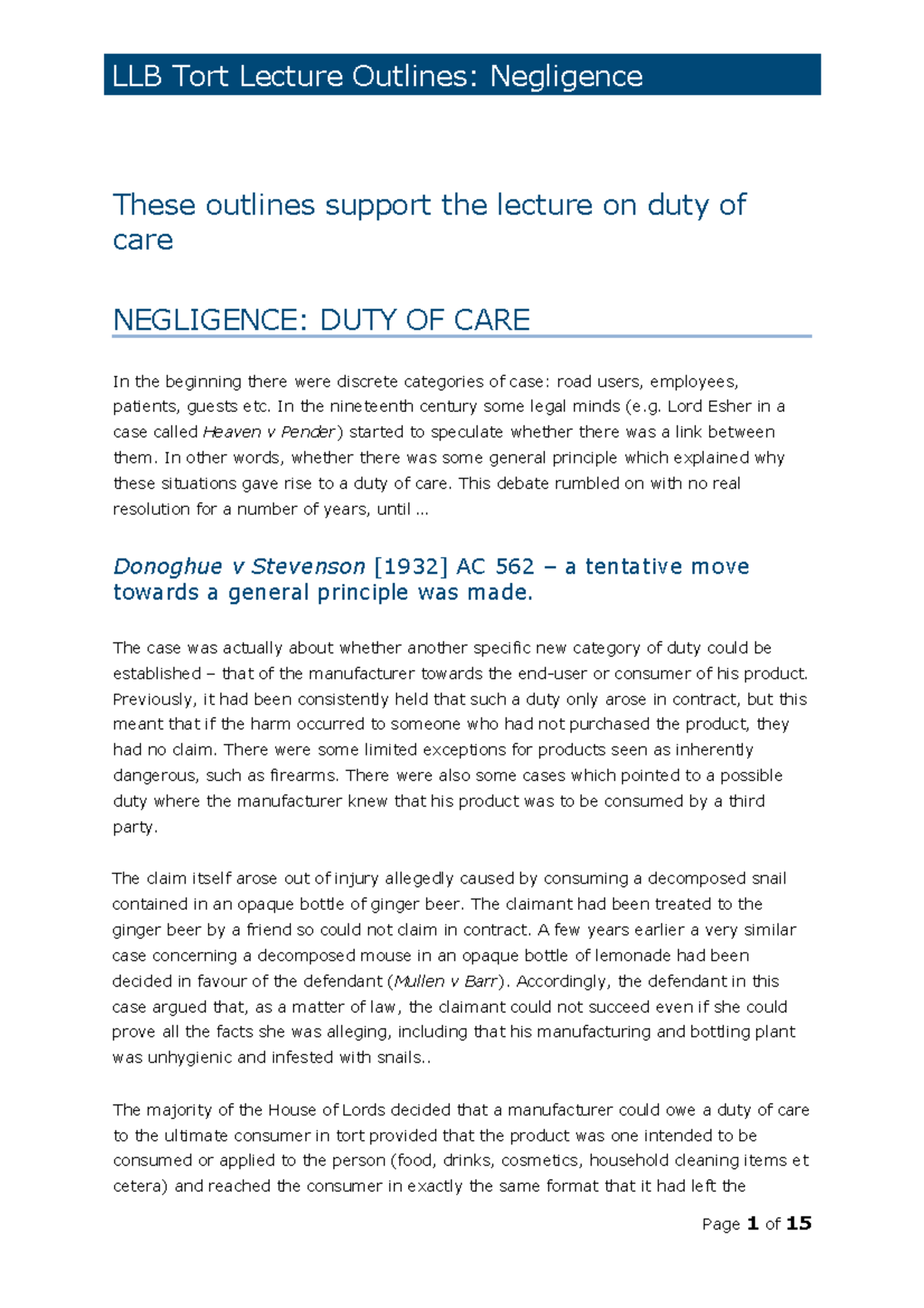 Tort Lecture Handout Duty of Care 2022 23 - These outlines support the ...