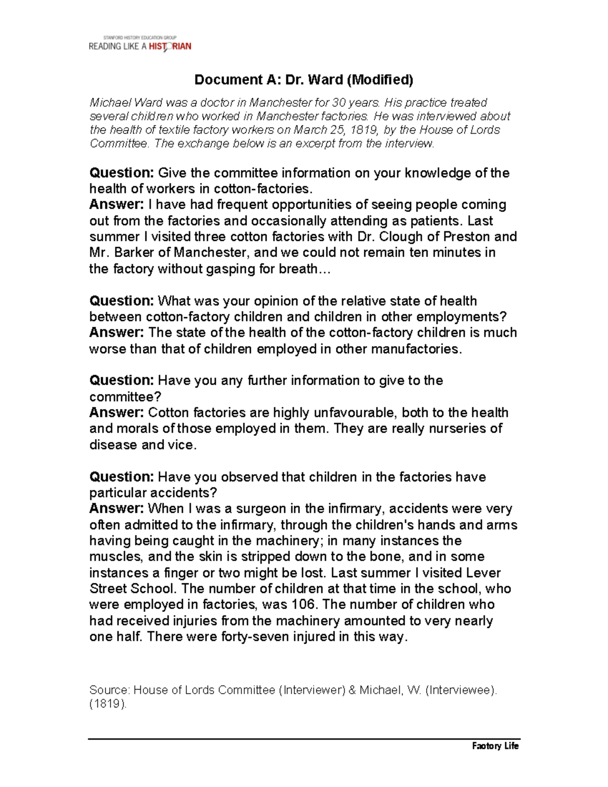 Factory Life Student Materials Document A Dr. Ward (Modified