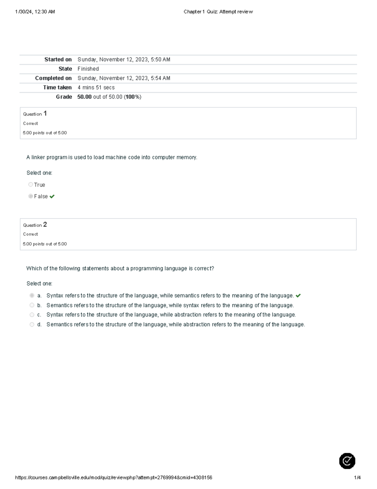 Chapter 1 Quiz Attempt review - Started on Sunday, November 12, 2023, 5 ...