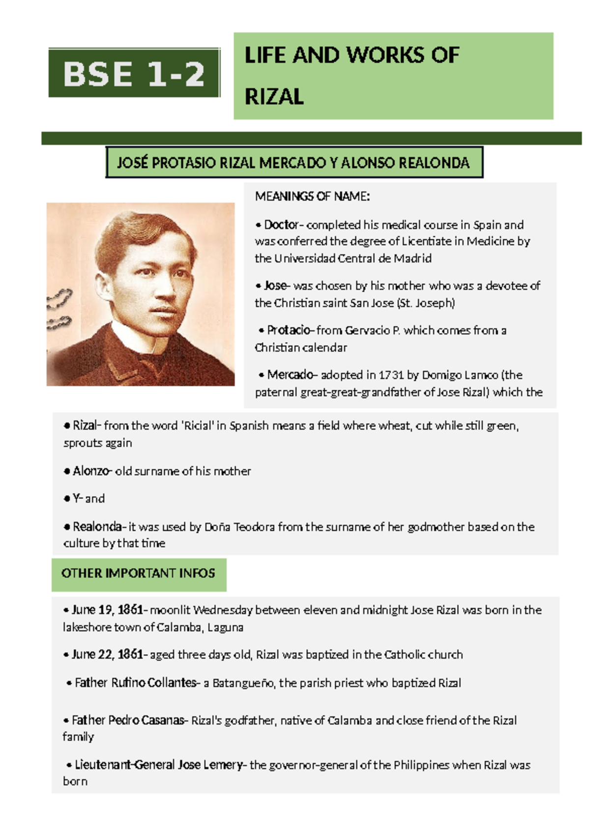 Rizal Notebook - BSE 1- LIFE AND WORKS OF RIZAL JOSÉ PROTASIO RIZAL ...