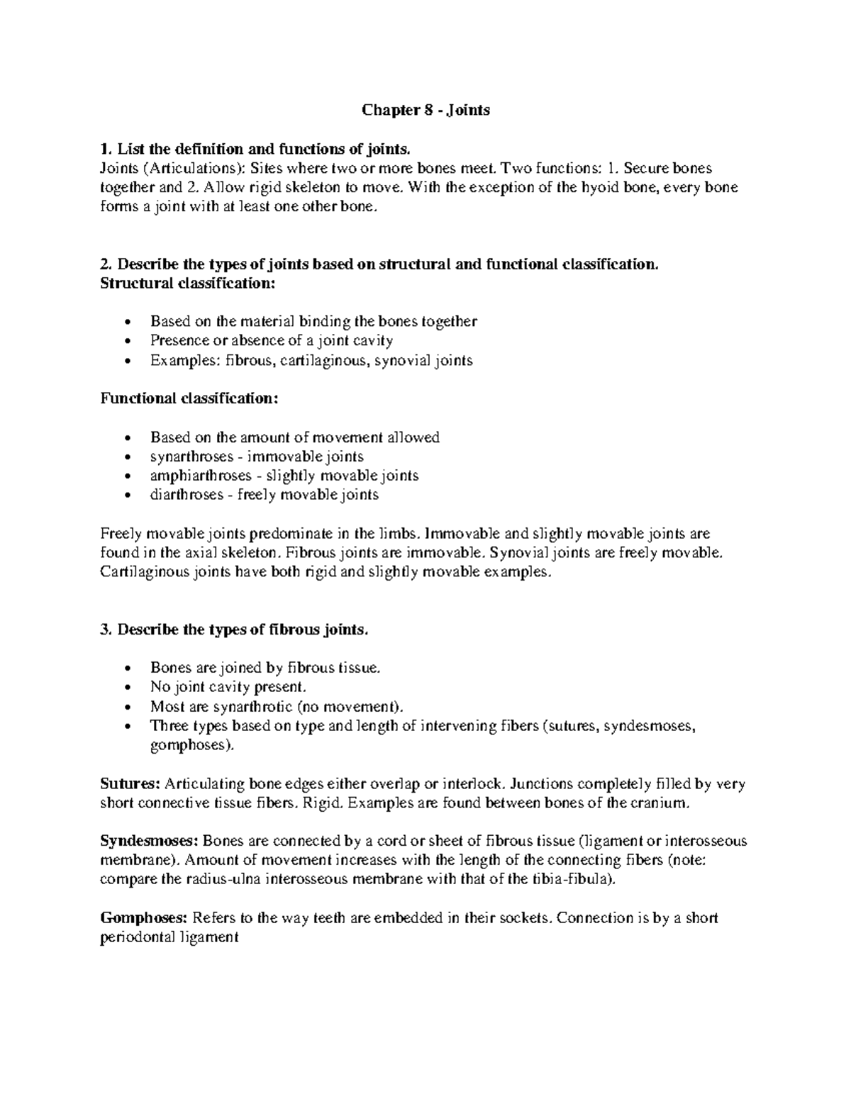 Chapter 8 Notes - Chapter 8 - Joints List The Definition And Functions ...